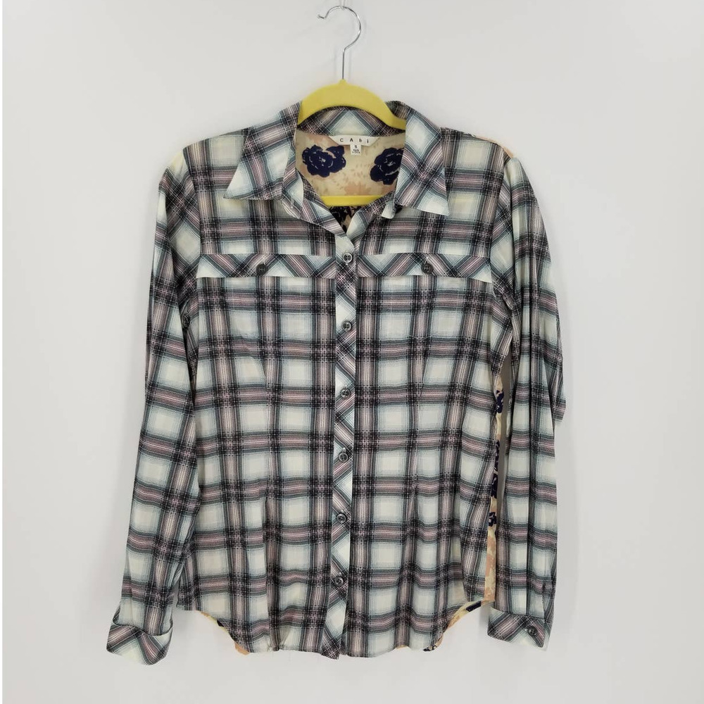 Cabi Shirt Size S Button Down Collared Festival Mixed Media Print Plaid Top Gray - Picture 3 of 8
